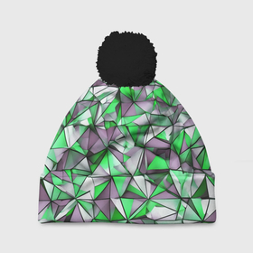 Шапка 3D c помпоном с принтом Маленькие зелёные треугольники в Белгороде, 100% полиэстер | универсальный размер, печать по всей поверхности изделия | 