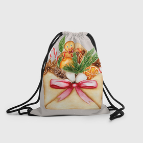 Рюкзак-мешок 3D с принтом Новогодний конверт с пряником в Тюмени, 100% полиэстер | плотность ткани — 200 г/м2, размер — 35 х 45 см; лямки — толстые шнурки, застежка на шнуровке, без карманов и подкладки | 