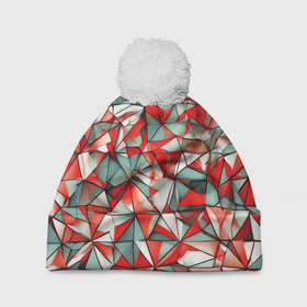 Шапка 3D c помпоном с принтом Маленькие красные треугольники в Белгороде, 100% полиэстер | универсальный размер, печать по всей поверхности изделия | 