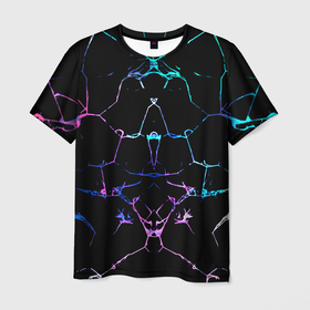 Мужская футболка 3D с принтом Неоновые трещины узоры в Кировске, 100% полиэфир | прямой крой, круглый вырез горловины, длина до линии бедер | 