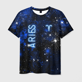 Мужская футболка 3D с принтом Знак зодиака Овен на тёмном фоне со звёздами в Кировске, 100% полиэфир | прямой крой, круглый вырез горловины, длина до линии бедер | 