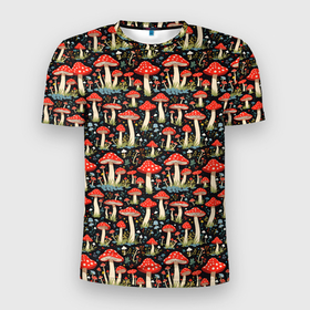Мужская футболка 3D Slim с принтом Мухоморчики в Кировске, 100% полиэстер с улучшенными характеристиками | приталенный силуэт, круглая горловина, широкие плечи, сужается к линии бедра | 