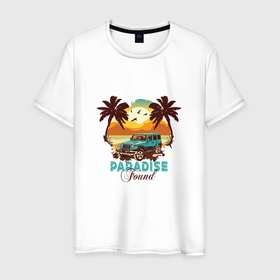 Мужская футболка хлопок с принтом Джип Вранглер на фоне шикарного пляжа в Курске, 100% хлопок | прямой крой, круглый вырез горловины, длина до линии бедер, слегка спущенное плечо. | 