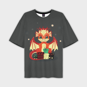 Мужская футболка oversize 3D с принтом Милый красный дракон с подарками в Екатеринбурге,  |  | 