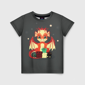 Детская футболка 3D с принтом Милый красный дракон с подарками в Санкт-Петербурге, 100% гипоаллергенный полиэфир | прямой крой, круглый вырез горловины, длина до линии бедер, чуть спущенное плечо, ткань немного тянется | 
