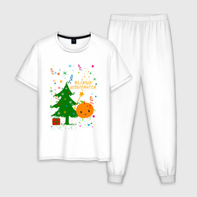 Мужская пижама хлопок с принтом Новогодняя мандаринка исполняет желания в Белгороде, 100% хлопок | брюки и футболка прямого кроя, без карманов, на брюках мягкая резинка на поясе и по низу штанин
 | Тематика изображения на принте: 