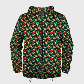 Мужская ветровка 3D с принтом Красные цветы с листьями в Тюмени, 100% полиэстер | подол и капюшон оформлены резинкой с фиксаторами, два кармана без застежек по бокам, один потайной карман на груди | 