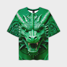 Мужская футболка oversize 3D с принтом Нейросеть   барельеф зелёный дракон в Кировске,  |  | 