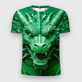 Мужская футболка 3D Slim с принтом Нейросеть   барельеф зелёный дракон в Кировске, 100% полиэстер с улучшенными характеристиками | приталенный силуэт, круглая горловина, широкие плечи, сужается к линии бедра | 