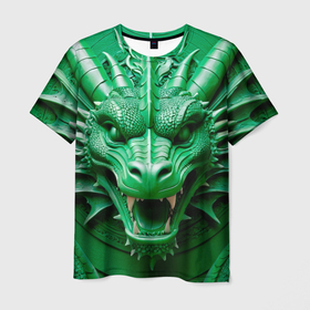 Мужская футболка 3D с принтом Нейросеть   барельеф зелёный дракон в Новосибирске, 100% полиэфир | прямой крой, круглый вырез горловины, длина до линии бедер | 