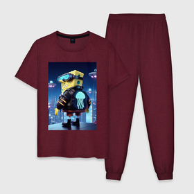 Мужская пижама хлопок с принтом Sponge Bob   cyberpunk , 100% хлопок | брюки и футболка прямого кроя, без карманов, на брюках мягкая резинка на поясе и по низу штанин
 | 