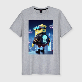 Мужская футболка хлопок Slim с принтом Sponge Bob   cyberpunk в Курске, 92% хлопок, 8% лайкра | приталенный силуэт, круглый вырез ворота, длина до линии бедра, короткий рукав | 
