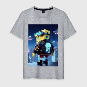 Мужская футболка хлопок с принтом Sponge Bob   cyberpunk в Санкт-Петербурге, 100% хлопок | прямой крой, круглый вырез горловины, длина до линии бедер, слегка спущенное плечо. | 