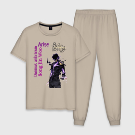 Мужская пижама хлопок с принтом Solo Leveling Jin Woo в Курске, 100% хлопок | брюки и футболка прямого кроя, без карманов, на брюках мягкая резинка на поясе и по низу штанин
 | 