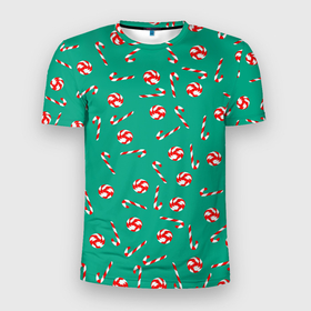 Мужская футболка 3D Slim с принтом Рождественский дождь из леденцов в Рязани, 100% полиэстер с улучшенными характеристиками | приталенный силуэт, круглая горловина, широкие плечи, сужается к линии бедра | 