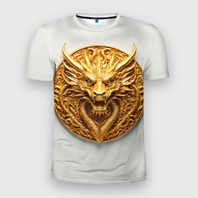 Мужская футболка 3D Slim с принтом Нейросеть   золотой талисман дракона в Санкт-Петербурге, 100% полиэстер с улучшенными характеристиками | приталенный силуэт, круглая горловина, широкие плечи, сужается к линии бедра | Тематика изображения на принте: 