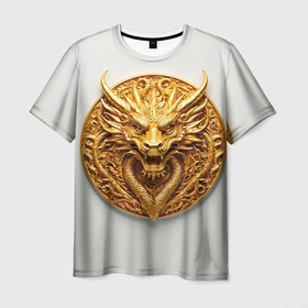Мужская футболка 3D с принтом Нейросеть   золотой талисман дракона в Тюмени, 100% полиэфир | прямой крой, круглый вырез горловины, длина до линии бедер | 