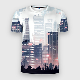 Мужская футболка 3D Slim с принтом Безмятежный город в Тюмени, 100% полиэстер с улучшенными характеристиками | приталенный силуэт, круглая горловина, широкие плечи, сужается к линии бедра | Тематика изображения на принте: 