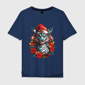 Мужская футболка хлопок Oversize с принтом Дракон в шапке Санта Клауса в Екатеринбурге, 100% хлопок | свободный крой, круглый ворот, “спинка” длиннее передней части | 