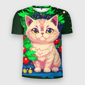 Мужская футболка 3D Slim с принтом Милый котик в Новый год в Екатеринбурге, 100% полиэстер с улучшенными характеристиками | приталенный силуэт, круглая горловина, широкие плечи, сужается к линии бедра | 