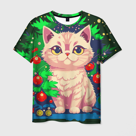 Мужская футболка 3D с принтом Милый котик в Новый год в Кировске, 100% полиэфир | прямой крой, круглый вырез горловины, длина до линии бедер | 
