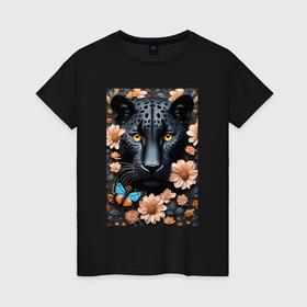 Женская футболка хлопок с принтом Чёрный ягуар в цветах   нейросеть в Кировске, 100% хлопок | прямой крой, круглый вырез горловины, длина до линии бедер, слегка спущенное плечо | 