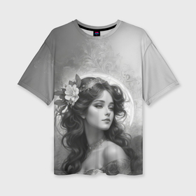 Женская футболка oversize 3D с принтом Прекрасная девушка с цветами в волосах в Санкт-Петербурге,  |  | 