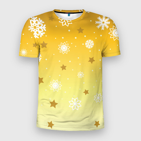 Мужская футболка 3D Slim с принтом Снежинки и звезды на желтом в Тюмени, 100% полиэстер с улучшенными характеристиками | приталенный силуэт, круглая горловина, широкие плечи, сужается к линии бедра | 