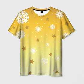Мужская футболка 3D с принтом Снежинки и звезды на желтом в Новосибирске, 100% полиэфир | прямой крой, круглый вырез горловины, длина до линии бедер | Тематика изображения на принте: 