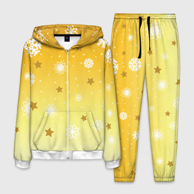 Мужской костюм 3D с принтом Снежинки и звезды на желтом в Тюмени, 100% полиэстер | Манжеты и пояс оформлены тканевой резинкой, двухслойный капюшон со шнурком для регулировки, карманы спереди | 