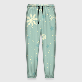 Мужские брюки 3D с принтом Снежинки и звезды на матно зеленем в Тюмени, 100% полиэстер | манжеты по низу, эластичный пояс регулируется шнурком, по бокам два кармана без застежек, внутренняя часть кармана из мелкой сетки | 