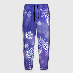 Мужские брюки 3D с принтом Крупные снежинки на фиолетовом в Тюмени, 100% полиэстер | манжеты по низу, эластичный пояс регулируется шнурком, по бокам два кармана без застежек, внутренняя часть кармана из мелкой сетки | 