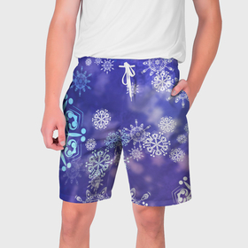 Мужские шорты 3D с принтом Крупные снежинки на фиолетовом в Тюмени,  полиэстер 100% | прямой крой, два кармана без застежек по бокам. Мягкая трикотажная резинка на поясе, внутри которой широкие завязки. Длина чуть выше колен | 