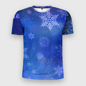 Мужская футболка 3D Slim с принтом Декоративные снежинки на фиолетовом в Курске, 100% полиэстер с улучшенными характеристиками | приталенный силуэт, круглая горловина, широкие плечи, сужается к линии бедра | Тематика изображения на принте: 