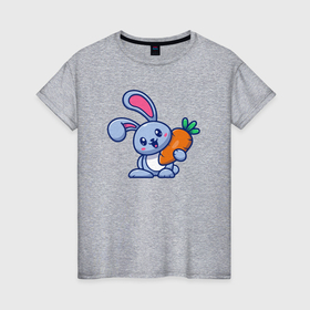 Женская футболка хлопок с принтом Весёлый зайчик с морковкой в Курске, 100% хлопок | прямой крой, круглый вырез горловины, длина до линии бедер, слегка спущенное плечо | 