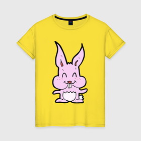 Женская футболка хлопок с принтом Счастливый кролик в Екатеринбурге, 100% хлопок | прямой крой, круглый вырез горловины, длина до линии бедер, слегка спущенное плечо | 
