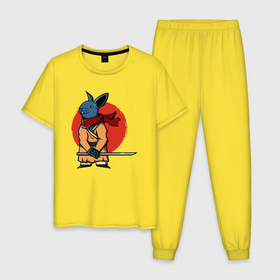 Мужская пижама хлопок с принтом Заяц самурай в Петрозаводске, 100% хлопок | брюки и футболка прямого кроя, без карманов, на брюках мягкая резинка на поясе и по низу штанин
 | Тематика изображения на принте: 