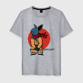 Мужская футболка хлопок с принтом Заяц самурай в Петрозаводске, 100% хлопок | прямой крой, круглый вырез горловины, длина до линии бедер, слегка спущенное плечо. | Тематика изображения на принте: 