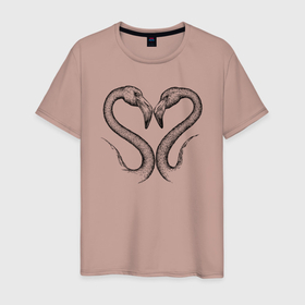 Мужская футболка хлопок с принтом Фламинго сердечко в Екатеринбурге, 100% хлопок | прямой крой, круглый вырез горловины, длина до линии бедер, слегка спущенное плечо. | 
