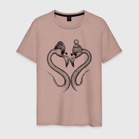 Мужская футболка хлопок с принтом Стильный фламинго сердечком в Петрозаводске, 100% хлопок | прямой крой, круглый вырез горловины, длина до линии бедер, слегка спущенное плечо. | 
