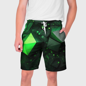 Мужские шорты 3D с принтом Гармония зелени в абстракции в Тюмени,  полиэстер 100% | прямой крой, два кармана без застежек по бокам. Мягкая трикотажная резинка на поясе, внутри которой широкие завязки. Длина чуть выше колен | 