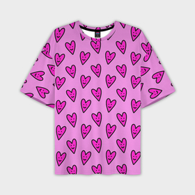 Мужская футболка oversize 3D с принтом Розовые сердечки каракули в Екатеринбурге,  |  | Тематика изображения на принте: 