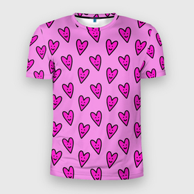Мужская футболка 3D Slim с принтом Розовые сердечки каракули в Екатеринбурге, 100% полиэстер с улучшенными характеристиками | приталенный силуэт, круглая горловина, широкие плечи, сужается к линии бедра | Тематика изображения на принте: 