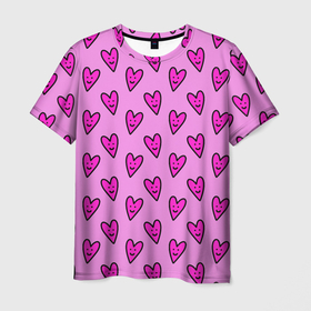 Мужская футболка 3D с принтом Розовые сердечки каракули в Екатеринбурге, 100% полиэфир | прямой крой, круглый вырез горловины, длина до линии бедер | Тематика изображения на принте: 