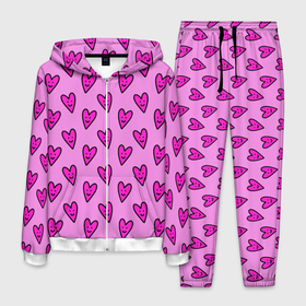 Мужской костюм 3D с принтом Розовые сердечки каракули в Кировске, 100% полиэстер | Манжеты и пояс оформлены тканевой резинкой, двухслойный капюшон со шнурком для регулировки, карманы спереди | 