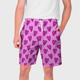 Мужские шорты 3D с принтом Розовые сердечки каракули в Новосибирске,  полиэстер 100% | прямой крой, два кармана без застежек по бокам. Мягкая трикотажная резинка на поясе, внутри которой широкие завязки. Длина чуть выше колен | 