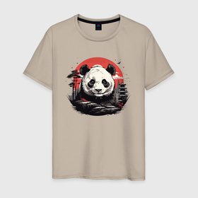 Мужская футболка хлопок с принтом Панда с красным солнцем в Белгороде, 100% хлопок | прямой крой, круглый вырез горловины, длина до линии бедер, слегка спущенное плечо. | 