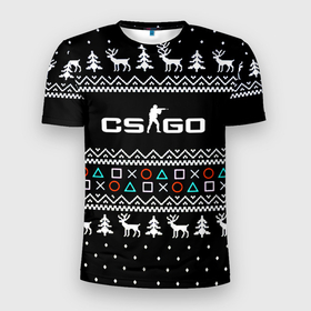 Мужская футболка 3D Slim с принтом CS GO новогодний свитер с оленями в Белгороде, 100% полиэстер с улучшенными характеристиками | приталенный силуэт, круглая горловина, широкие плечи, сужается к линии бедра | 