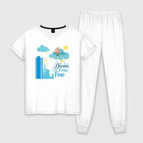 Женская пижама хлопок с принтом Мечты сбываются в Курске, 100% хлопок | брюки и футболка прямого кроя, без карманов, на брюках мягкая резинка на поясе и по низу штанин | 