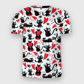 Мужская футболка 3D Slim с принтом Смешные любящие кошки в Кировске, 100% полиэстер с улучшенными характеристиками | приталенный силуэт, круглая горловина, широкие плечи, сужается к линии бедра | 